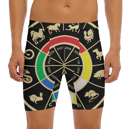 Chinese Zodiac Calendar Wheel Print Men's Long Boxer Briefs