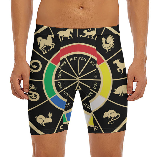 Chinese Zodiac Calendar Wheel Print Men's Long Boxer Briefs