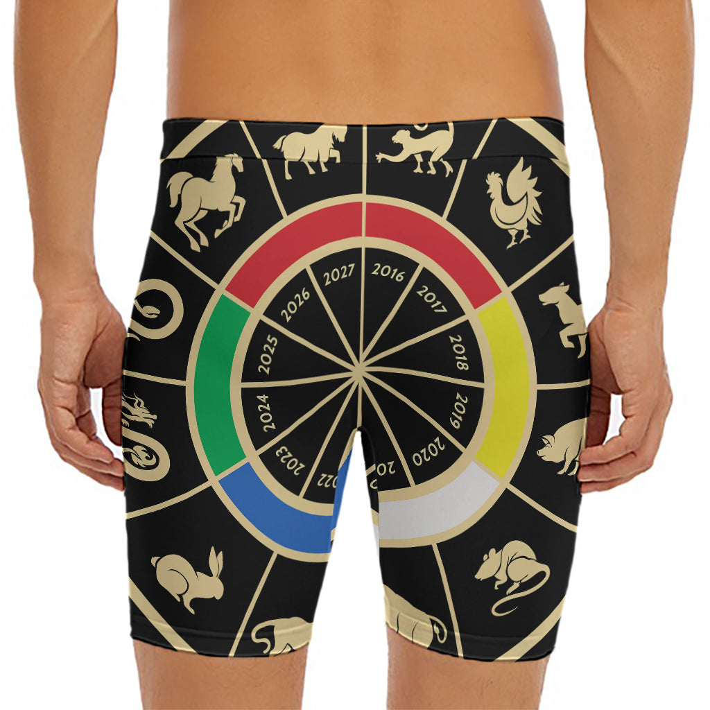 Chinese Zodiac Calendar Wheel Print Men's Long Boxer Briefs