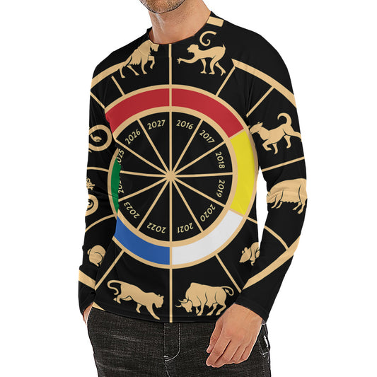 Chinese Zodiac Calendar Wheel Print Men's Long Sleeve Rash Guard