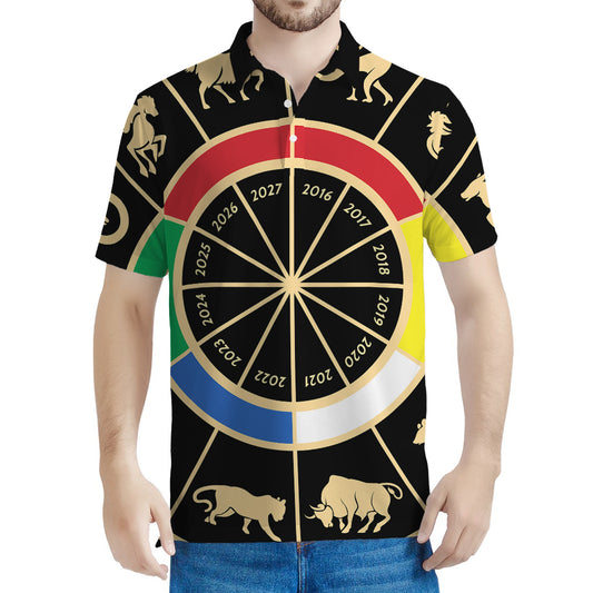 Chinese Zodiac Calendar Wheel Print Men's Polo Shirt