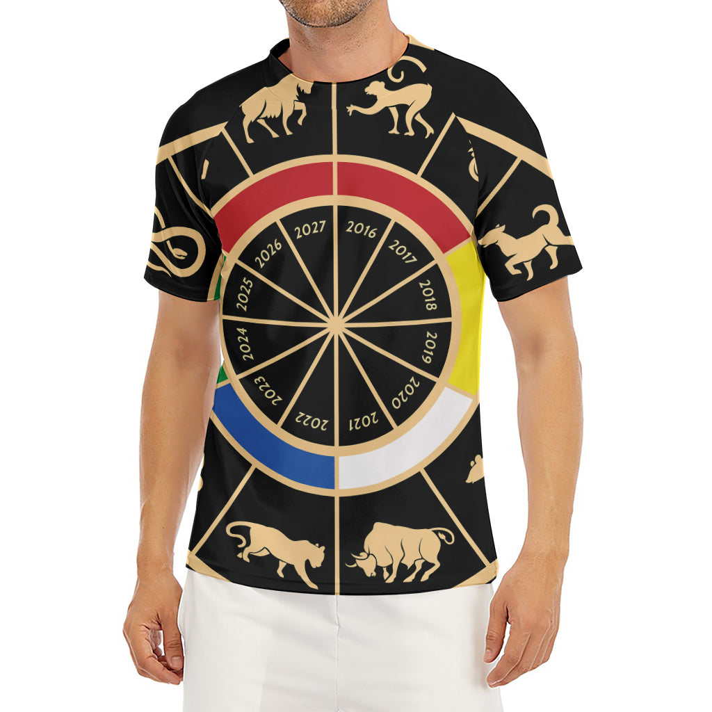 Chinese Zodiac Calendar Wheel Print Men's Short Sleeve Rash Guard