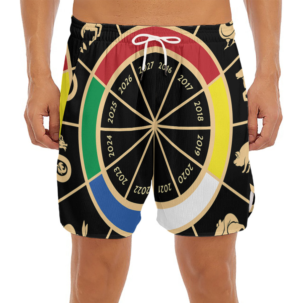 Chinese Zodiac Calendar Wheel Print Men's Split Running Shorts