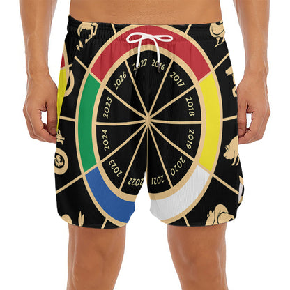 Chinese Zodiac Calendar Wheel Print Men's Split Running Shorts