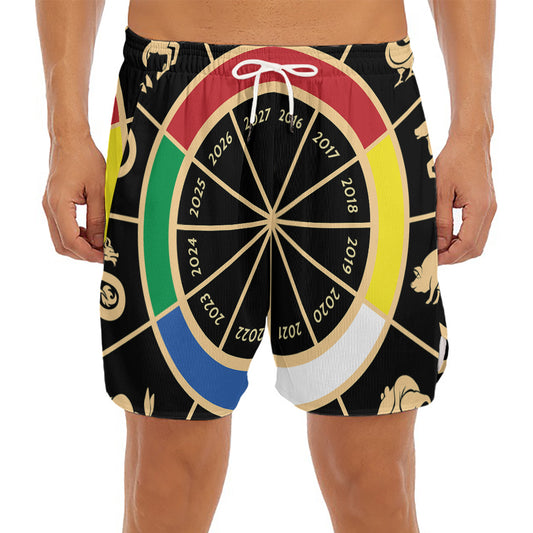 Chinese Zodiac Calendar Wheel Print Men's Split Running Shorts