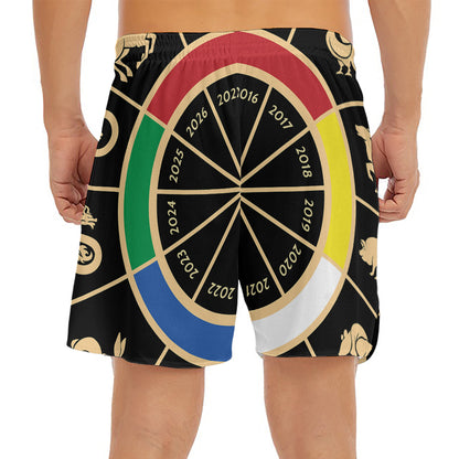 Chinese Zodiac Calendar Wheel Print Men's Split Running Shorts