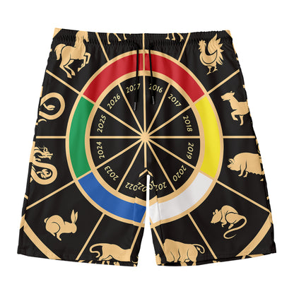 Chinese Zodiac Calendar Wheel Print Men's Swim Trunks
