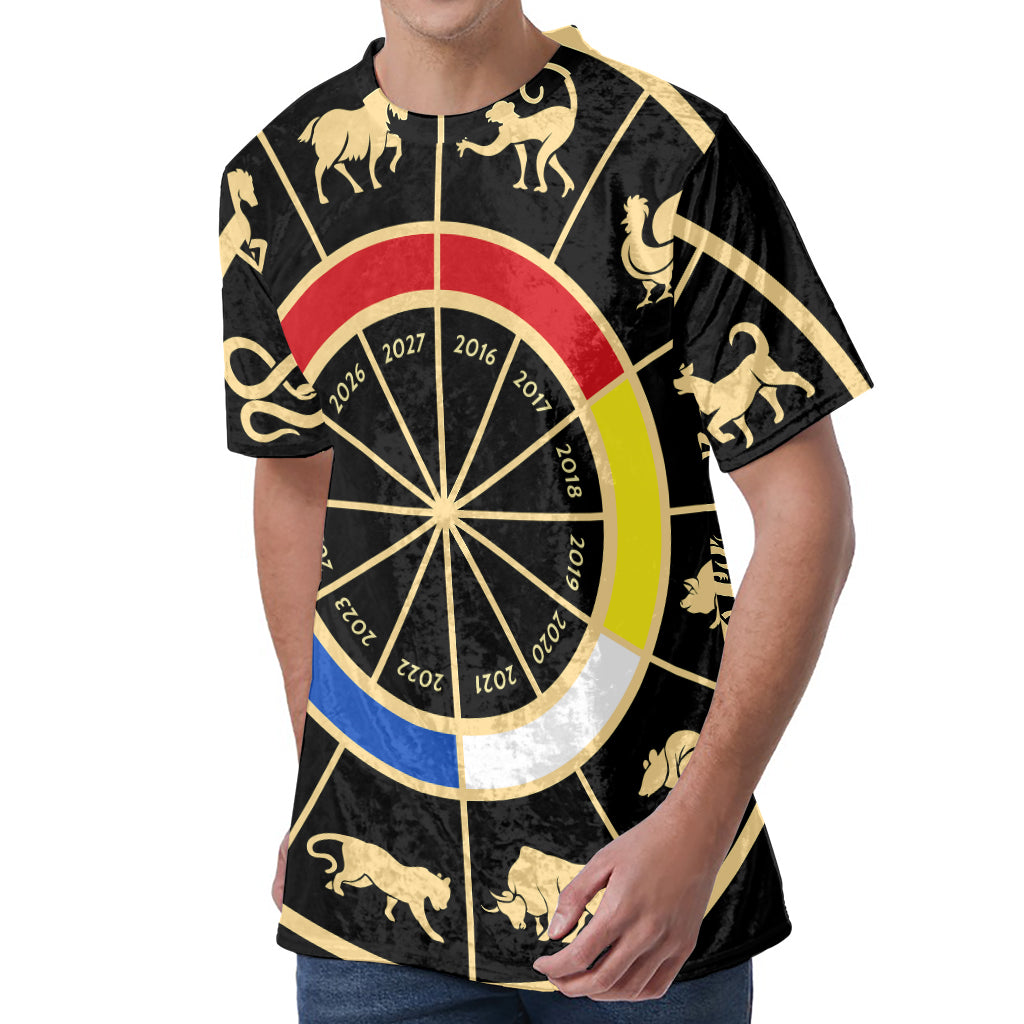 Chinese Zodiac Calendar Wheel Print Men's Velvet T-Shirt