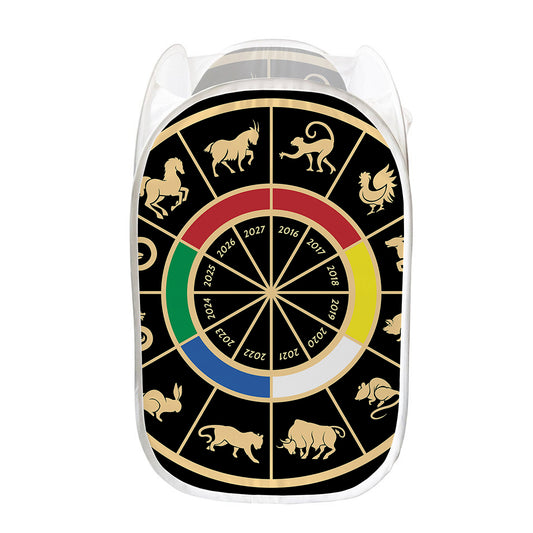 Chinese Zodiac Calendar Wheel Print Mesh Laundry Hamper