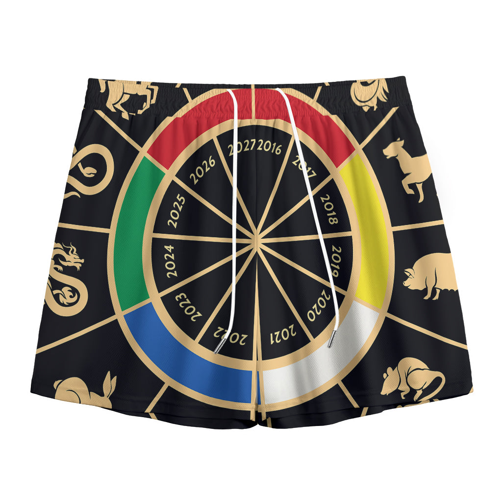 Chinese Zodiac Calendar Wheel Print Mesh Shorts
