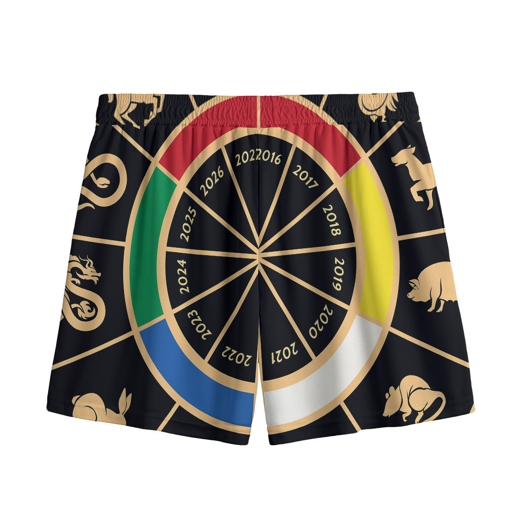 Chinese Zodiac Calendar Wheel Print Mesh Shorts