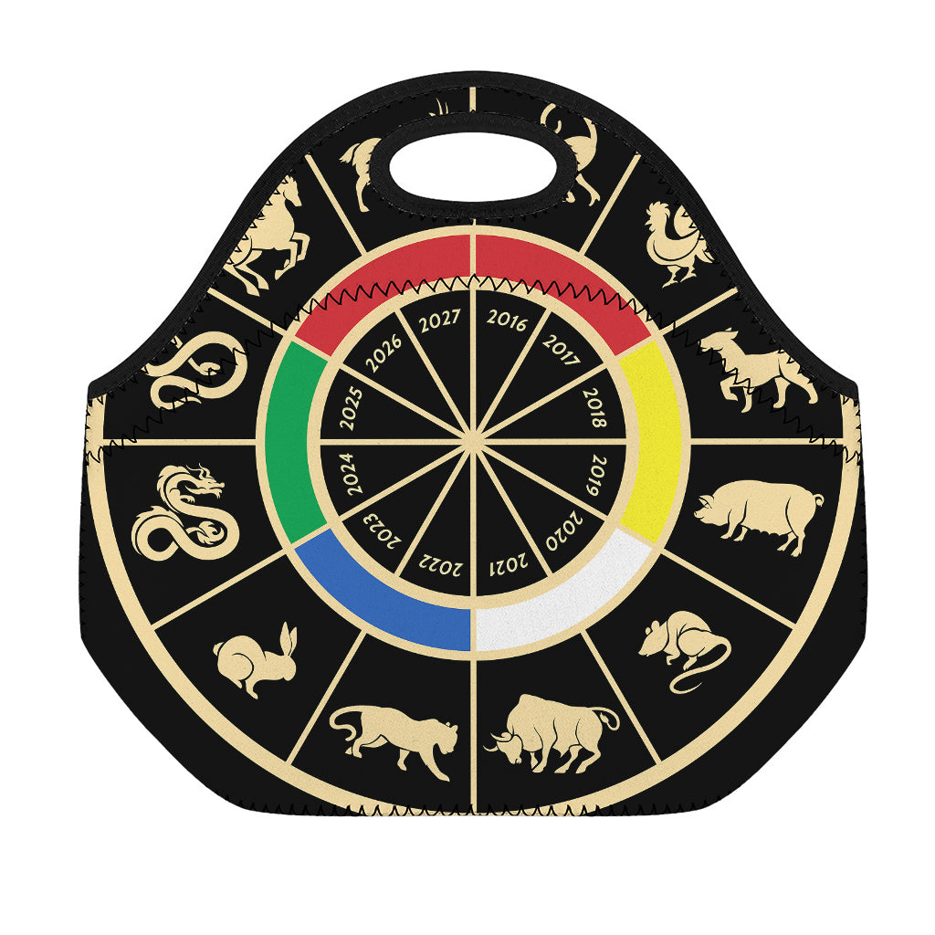 Chinese Zodiac Calendar Wheel Print Neoprene Lunch Bag