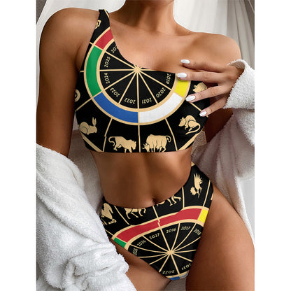 Chinese Zodiac Calendar Wheel Print One Shoulder Bikini Top