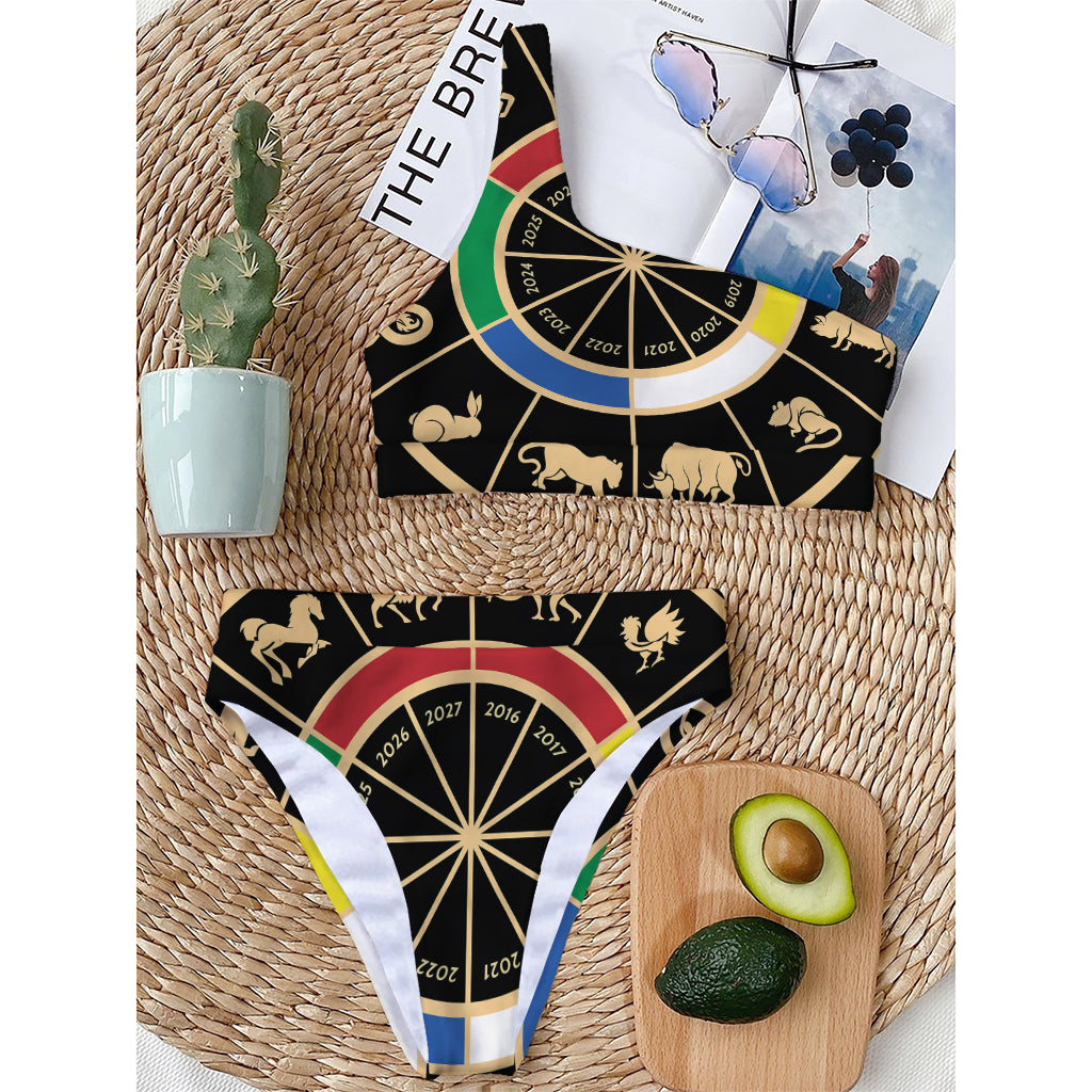 Chinese Zodiac Calendar Wheel Print One Shoulder Bikini Top
