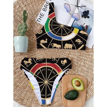 Chinese Zodiac Calendar Wheel Print One Shoulder Bikini Top