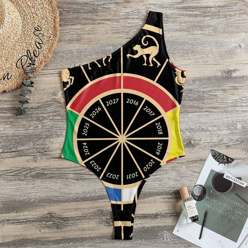 Chinese Zodiac Calendar Wheel Print One Shoulder Bodysuit