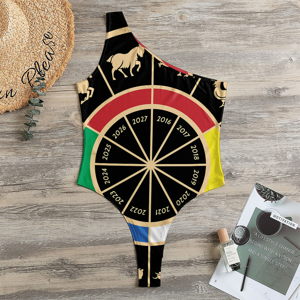 Chinese Zodiac Calendar Wheel Print One Shoulder Bodysuit