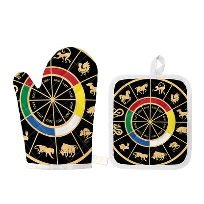 Chinese Zodiac Calendar Wheel Print Oven Mitt And Pot Holder Set