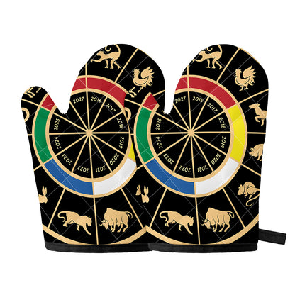 Chinese Zodiac Calendar Wheel Print Oven Mitts
