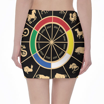 Chinese Zodiac Calendar Wheel Print Pencil Mini Skirt