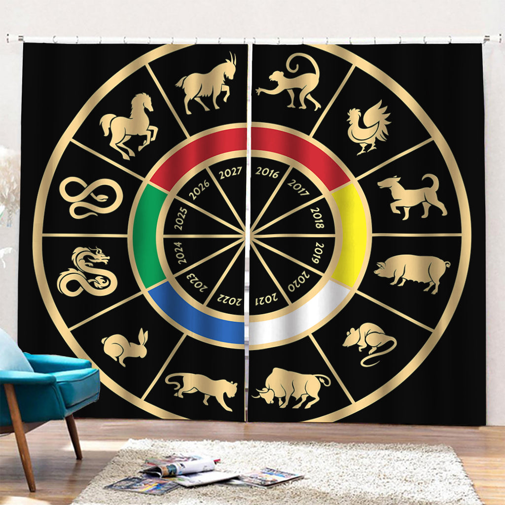 Chinese Zodiac Calendar Wheel Print Pencil Pleat Curtains