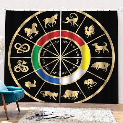 Chinese Zodiac Calendar Wheel Print Pencil Pleat Curtains