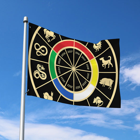 Chinese Zodiac Calendar Wheel Print Polyester Flag