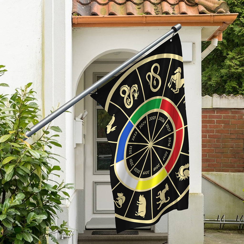 Chinese Zodiac Calendar Wheel Print Polyester Flag
