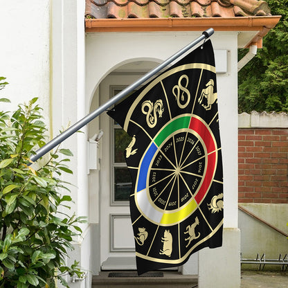 Chinese Zodiac Calendar Wheel Print Polyester Flag
