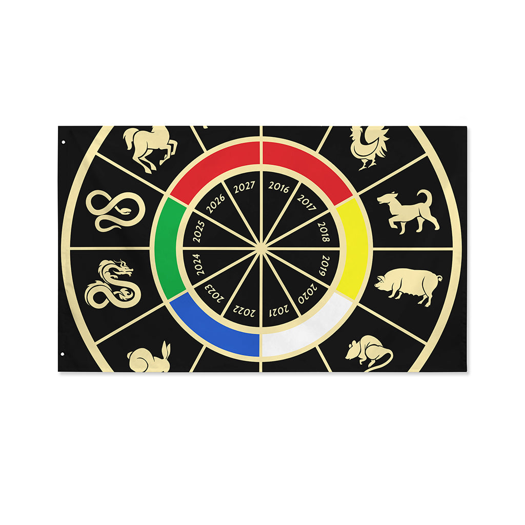 Chinese Zodiac Calendar Wheel Print Polyester Flag