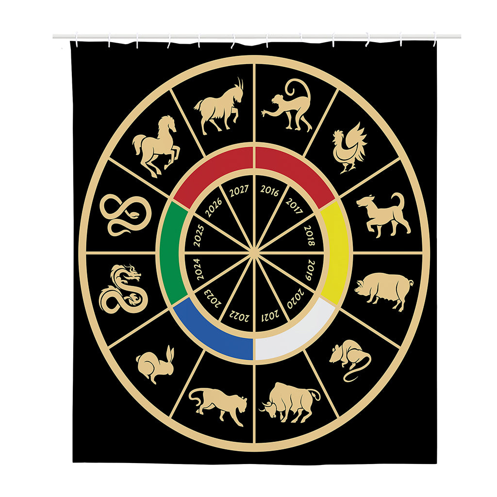 Chinese Zodiac Calendar Wheel Print Polyester Shower Curtain