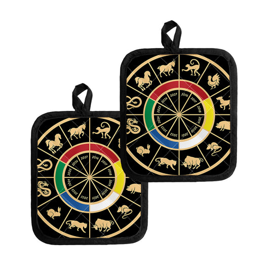 Chinese Zodiac Calendar Wheel Print Pot Holders