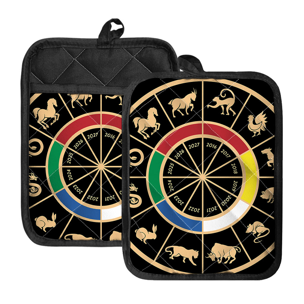 Chinese Zodiac Calendar Wheel Print Pot Holders With Pocket