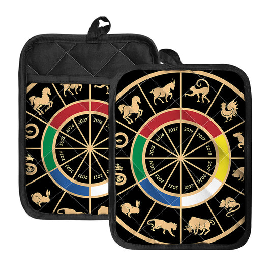 Chinese Zodiac Calendar Wheel Print Pot Holders With Pocket