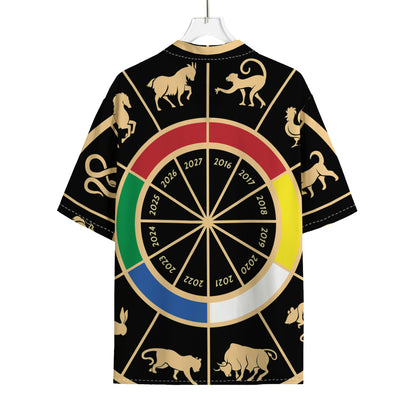 Chinese Zodiac Calendar Wheel Print Rayon Hawaiian Shirt