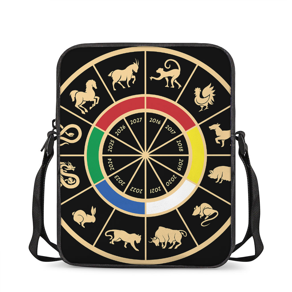 Chinese Zodiac Calendar Wheel Print Rectangular Crossbody Bag