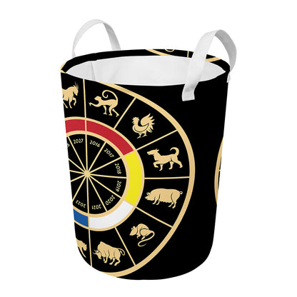 Chinese Zodiac Calendar Wheel Print Round Laundry Basket