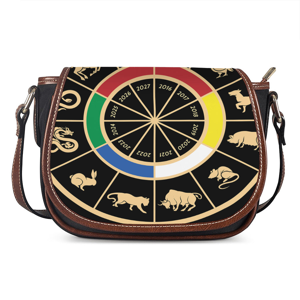 Chinese Zodiac Calendar Wheel Print Saddle Bag