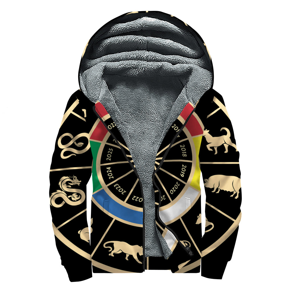 Chinese Zodiac Calendar Wheel Print Sherpa Lined Zip Up Hoodie