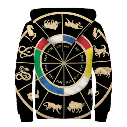 Chinese Zodiac Calendar Wheel Print Sherpa Lined Zip Up Hoodie