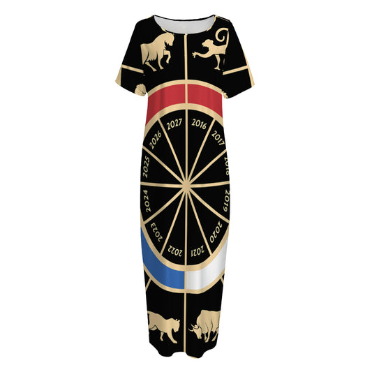 Chinese Zodiac Calendar Wheel Print Short Sleeve Long Nightdress