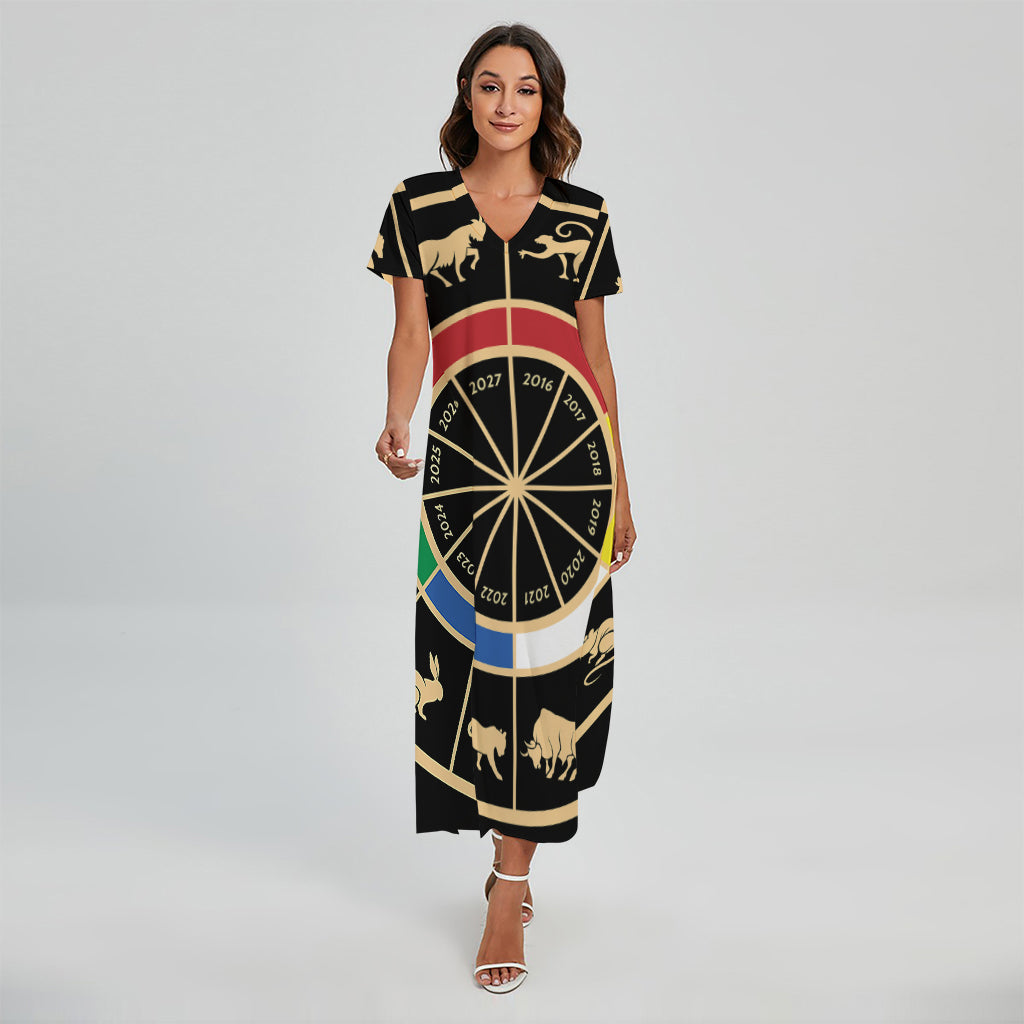 Chinese Zodiac Calendar Wheel Print Short Sleeve Maxi Dress