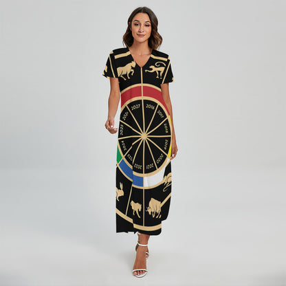 Chinese Zodiac Calendar Wheel Print Short Sleeve Maxi Dress