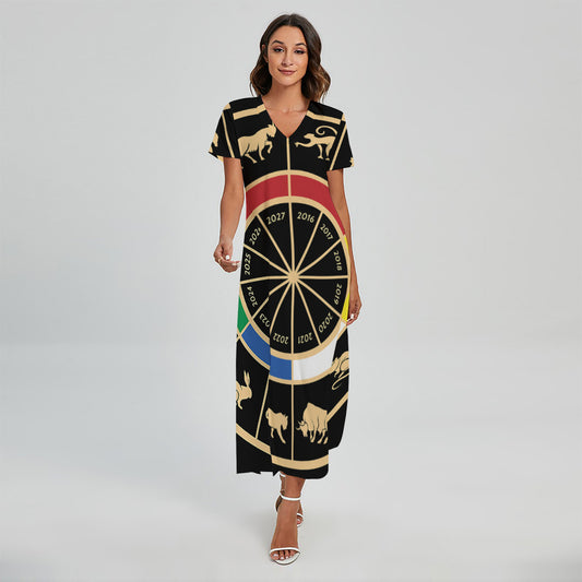 Chinese Zodiac Calendar Wheel Print Short Sleeve Maxi Dress