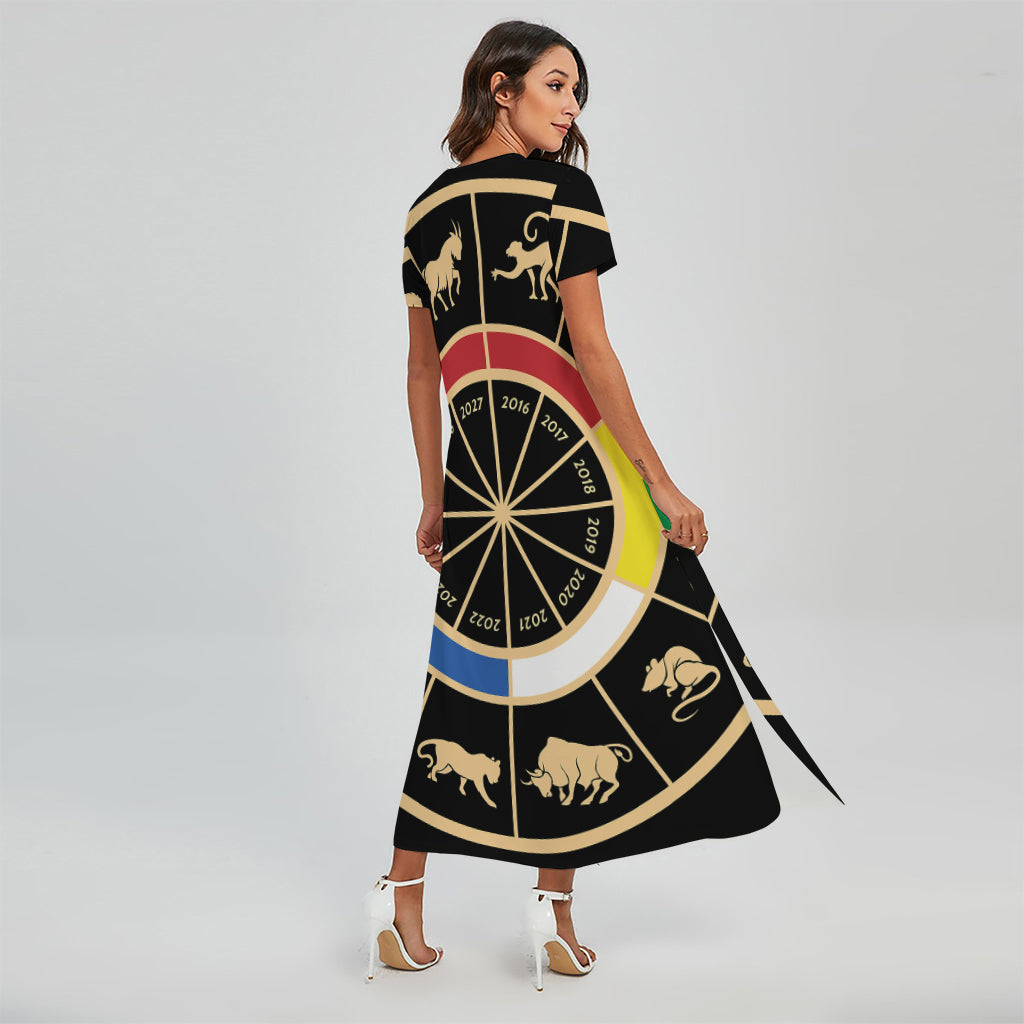 Chinese Zodiac Calendar Wheel Print Short Sleeve Maxi Dress