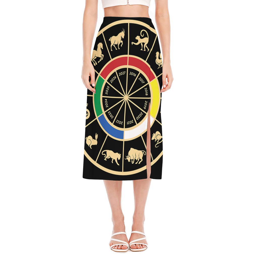Chinese Zodiac Calendar Wheel Print Side Slit Midi Skirt