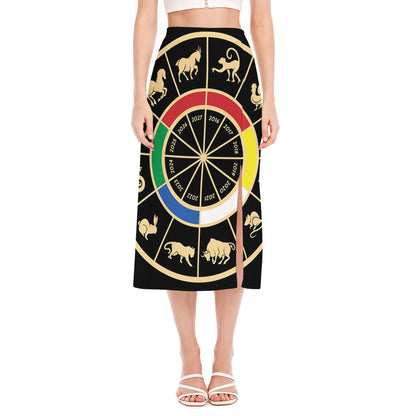 Chinese Zodiac Calendar Wheel Print Side Slit Midi Skirt