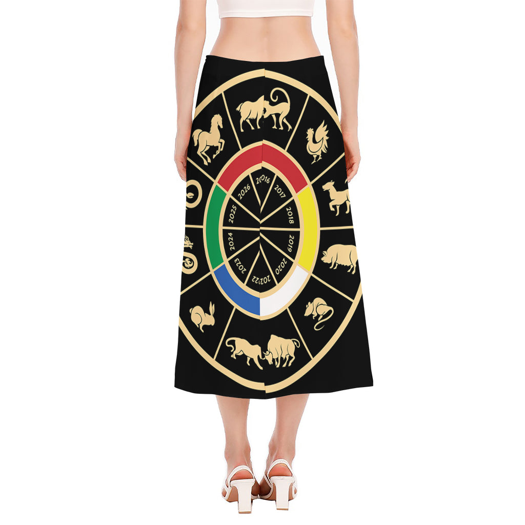Chinese Zodiac Calendar Wheel Print Side Slit Midi Skirt