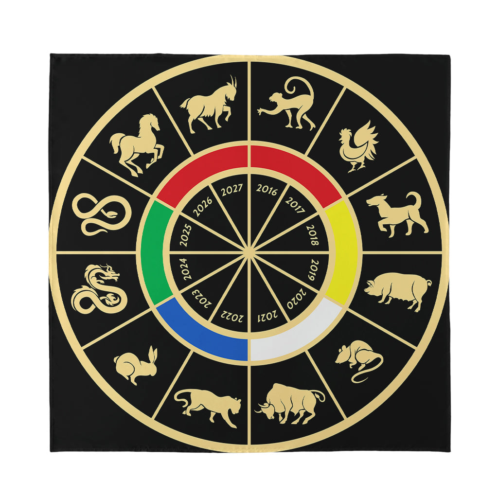 Chinese Zodiac Calendar Wheel Print Silk Bandana