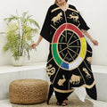 Chinese Zodiac Calendar Wheel Print Silk V-Neck Kaftan Dress